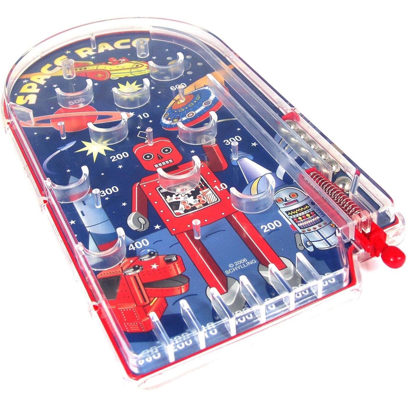 Schylling Space Race Pinball Game - Portable Retro Pinball Toy - Sturdy Construction With Lever, Metal Balls, And Classic Space Design - Ages 3 And Up